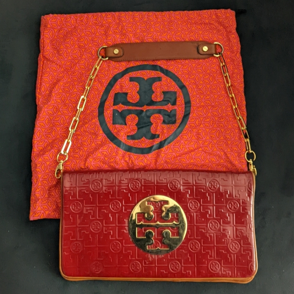 Tory Burch Red Patent Leather Reva Foldover Logo Clutch